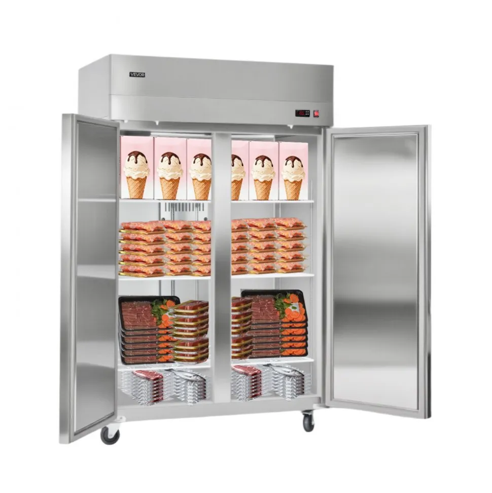 VEVOR Commercial Freezer, 31.89 in Width Reach In Upright-Freezer Double Door, 32.1 Cu.ft Auto-Defrost Stainless Steel Freezer with 8 Adjustable Shelves, -11 to 14℉ Temp Control, LED Light, 4 Wheels