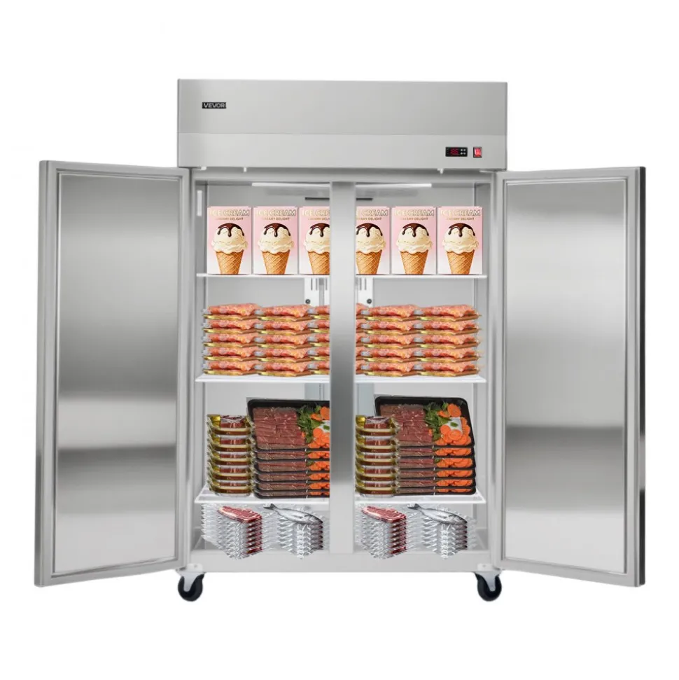 VEVOR Commercial Freezer, 31.89 in Width Reach In Upright-Freezer Double Door, 32.1 Cu.ft Auto-Defrost Stainless Steel Freezer with 8 Adjustable Shelves, -11 to 14℉ Temp Control, LED Light, 4 Wheels