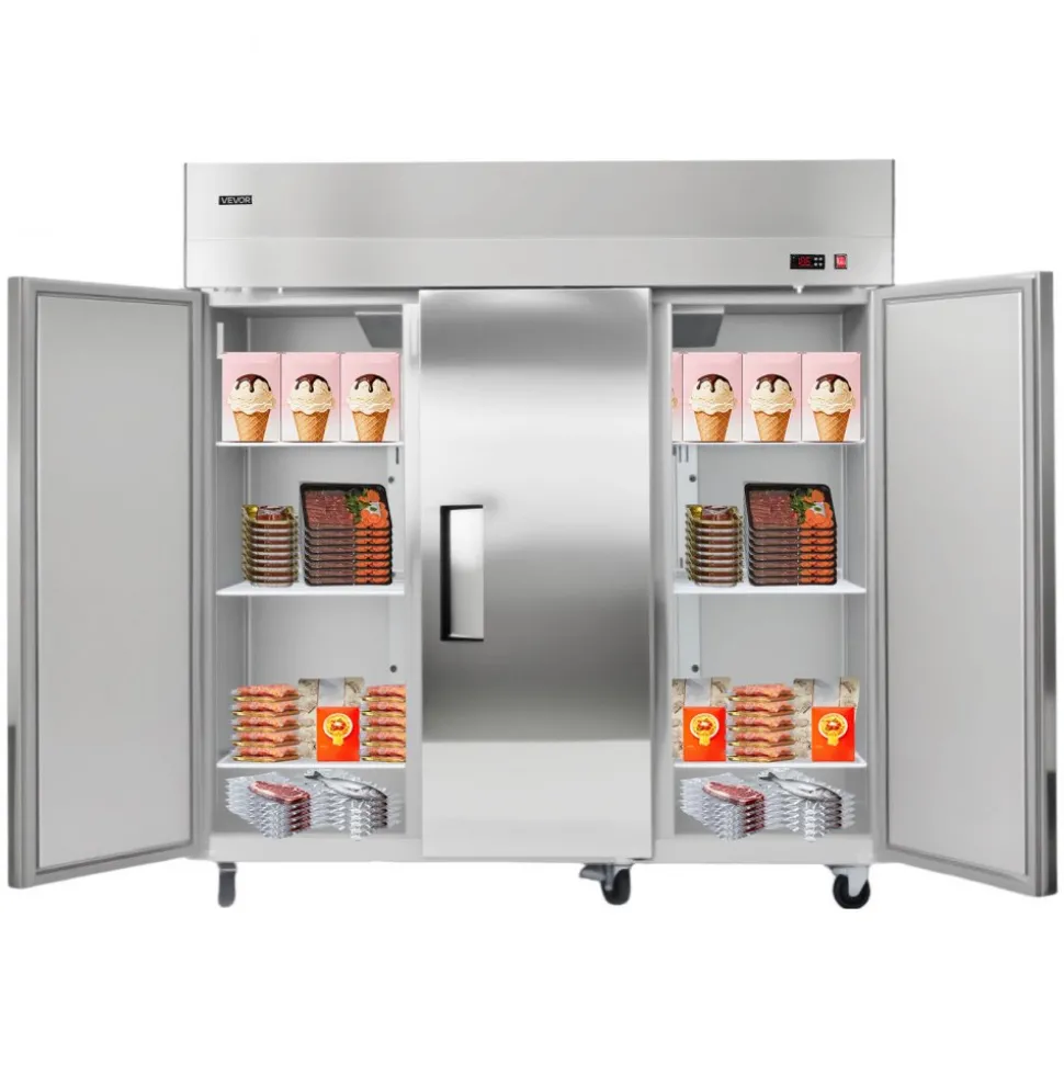 VEVOR Commercial Freezer, 71.65 in Width Reach In Upright-Freezer Three Door, 50.2 Cu.ft Auto-Defrost Stainless Steel Freezer with 12 Adjustable Shelves, -11 to 14℉ Temp Control, LED Light, 4 Wheels