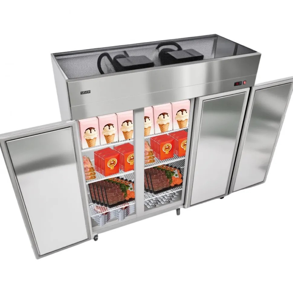 VEVOR Commercial Freezer, 71.65 in Width Reach In Upright-Freezer Three Door, 50.2 Cu.ft Auto-Defrost Stainless Steel Freezer with 12 Adjustable Shelves, -11 to 14℉ Temp Control, LED Light, 4 Wheels