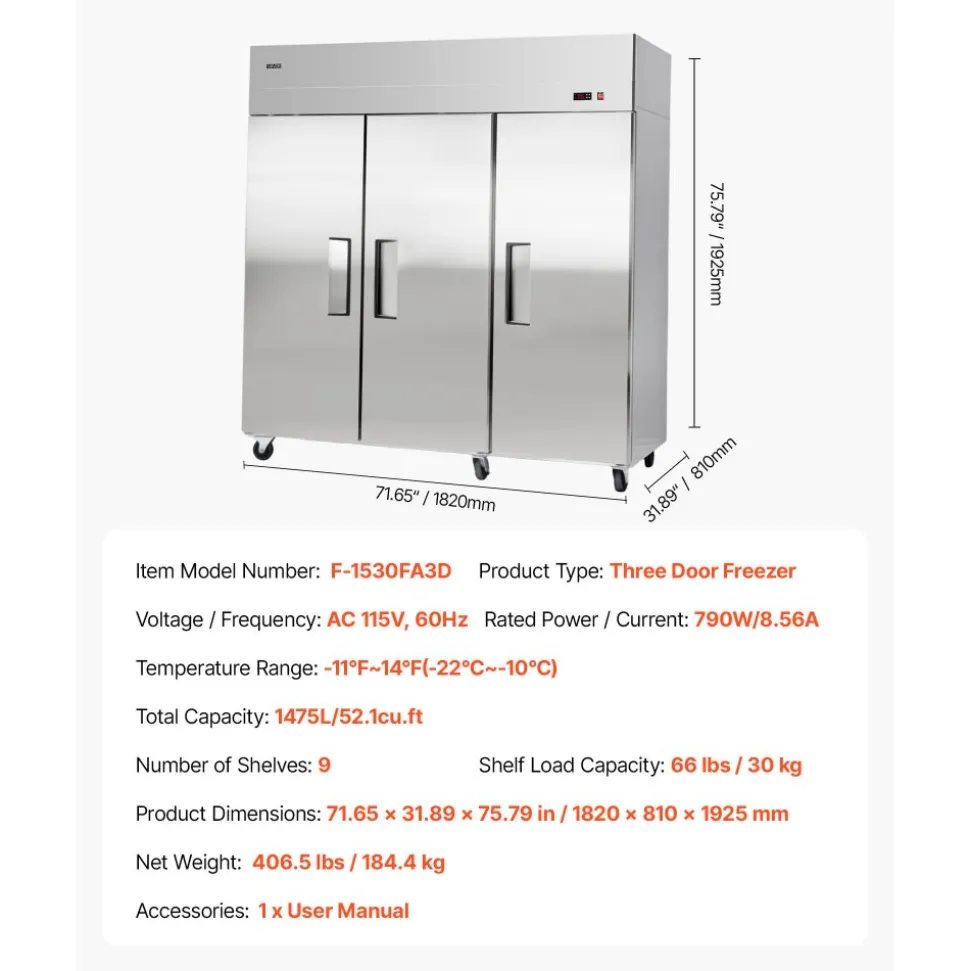 VEVOR Commercial Freezer, 71.65 in Width Reach In Upright-Freezer Three Door, 50.2 Cu.ft Auto-Defrost Stainless Steel Freezer with 12 Adjustable Shelves, -11 to 14℉ Temp Control, LED Light, 4 Wheels