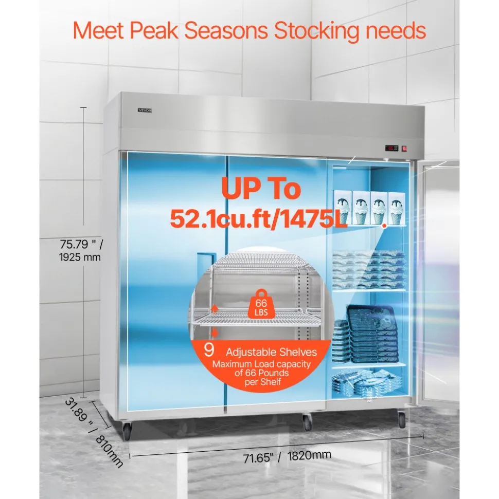 VEVOR Commercial Freezer, 71.65 in Width Reach In Upright-Freezer Three Door, 50.2 Cu.ft Auto-Defrost Stainless Steel Freezer with 12 Adjustable Shelves, -11 to 14℉ Temp Control, LED Light, 4 Wheels