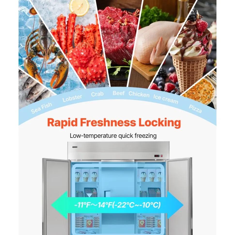 VEVOR Commercial Freezer, 71.65 in Width Reach In Upright-Freezer Three Door, 50.2 Cu.ft Auto-Defrost Stainless Steel Freezer with 12 Adjustable Shelves, -11 to 14℉ Temp Control, LED Light, 4 Wheels