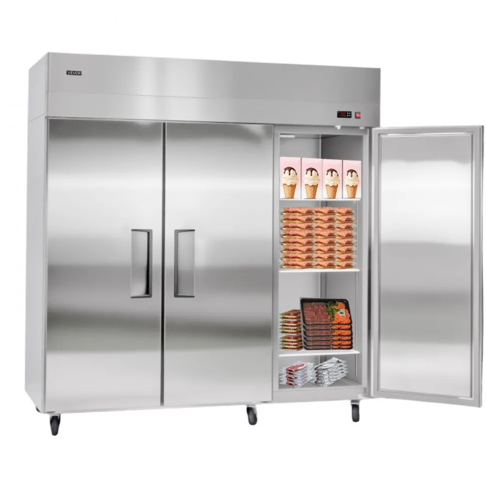VEVOR Commercial Freezer, 71.65 in Width Reach In Upright-Freezer Three Door, 50.2 Cu.ft Auto-Defrost Stainless Steel Freezer with 12 Adjustable Shelves, -11 to 14℉ Temp Control, LED Light, 4 Wheels