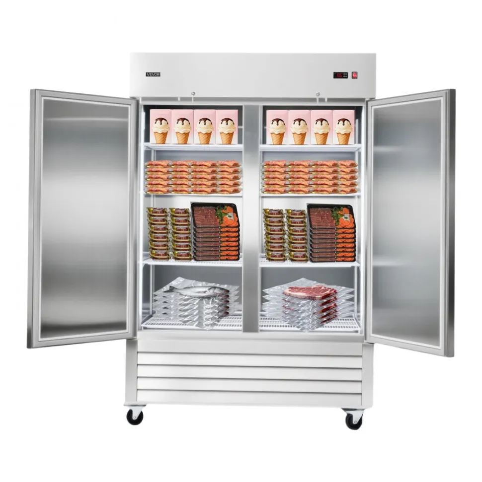 VEVOR Commercial Freezer, 32.2 in Width Reach In Upright-Freezer Double Door, 43.2 Cu.ft Auto-Defrost Stainless Steel Freezer with 8 Adjustable Shelves, -11 to 14℉ Temp Control, LED Light, 4 Wheels