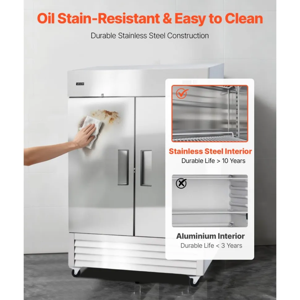 VEVOR Commercial Freezer, 32.2 in Width Reach In Upright-Freezer Double Door, 43.2 Cu.ft Auto-Defrost Stainless Steel Freezer with 8 Adjustable Shelves, -11 to 14℉ Temp Control, LED Light, 4 Wheels
