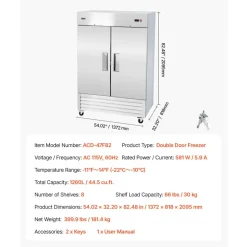 VEVOR Commercial Freezer, 32.2 in Width Reach In Upright-Freezer Double Door, 43.2 Cu.ft Auto-Defrost Stainless Steel Freezer with 8 Adjustable Shelves, -11 to 14℉ Temp Control, LED Light, 4 Wheels