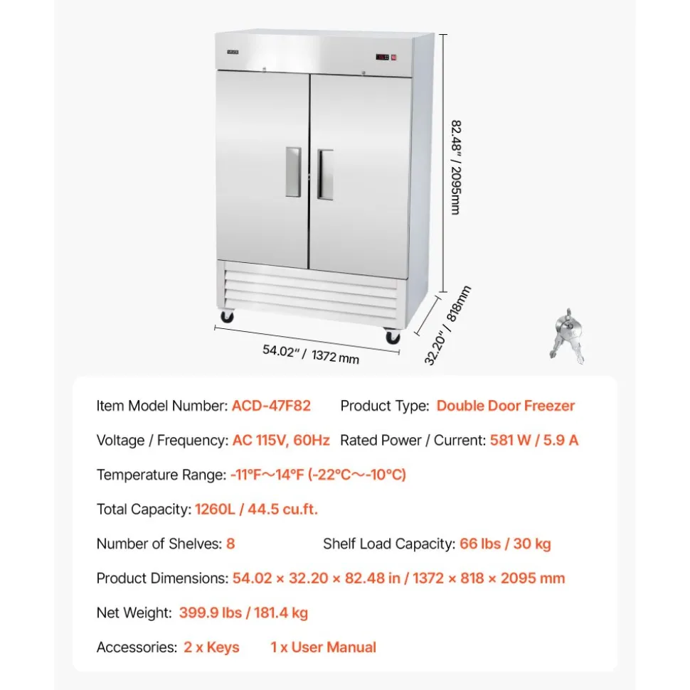 VEVOR Commercial Freezer, 32.2 in Width Reach In Upright-Freezer Double Door, 43.2 Cu.ft Auto-Defrost Stainless Steel Freezer with 8 Adjustable Shelves, -11 to 14℉ Temp Control, LED Light, 4 Wheels