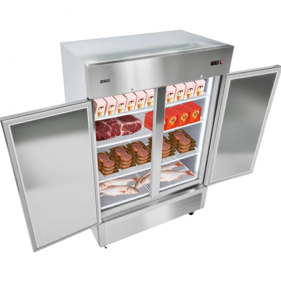 VEVOR Commercial Freezer, 32.2 in Width Reach In Upright-Freezer Double Door, 43.2 Cu.ft Auto-Defrost Stainless Steel Freezer with 8 Adjustable Shelves, -11 to 14℉ Temp Control, LED Light, 4 Wheels