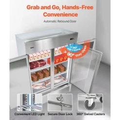 VEVOR Commercial Freezer, 32.2 in Width Reach In Upright-Freezer Double Door, 43.2 Cu.ft Auto-Defrost Stainless Steel Freezer with 8 Adjustable Shelves, -11 to 14℉ Temp Control, LED Light, 4 Wheels