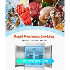 VEVOR Commercial Freezer, 32.2 in Width Reach In Upright-Freezer Double Door, 43.2 Cu.ft Auto-Defrost Stainless Steel Freezer with 8 Adjustable Shelves, -11 to 14℉ Temp Control, LED Light, 4 Wheels