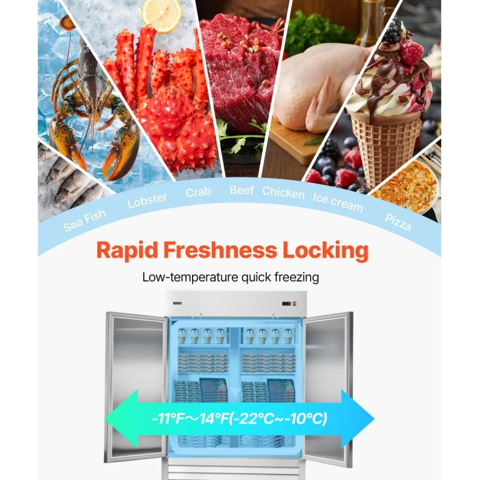 VEVOR Commercial Freezer, 32.2 in Width Reach In Upright-Freezer Double Door, 43.2 Cu.ft Auto-Defrost Stainless Steel Freezer with 8 Adjustable Shelves, -11 to 14℉ Temp Control, LED Light, 4 Wheels