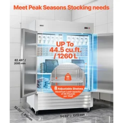 VEVOR Commercial Freezer, 32.2 in Width Reach In Upright-Freezer Double Door, 43.2 Cu.ft Auto-Defrost Stainless Steel Freezer with 8 Adjustable Shelves, -11 to 14℉ Temp Control, LED Light, 4 Wheels