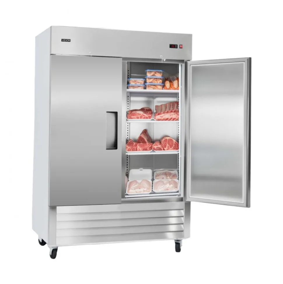 VEVOR Commercial Freezer, 32.2 in Width Reach In Upright-Freezer Double Door, 43.2 Cu.ft Auto-Defrost Stainless Steel Freezer with 8 Adjustable Shelves, -11 to 14℉ Temp Control, LED Light, 4 Wheels