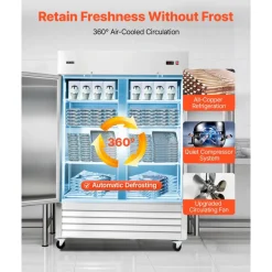 VEVOR Commercial Freezer, 32.2 in Width Reach In Upright-Freezer Double Door, 43.2 Cu.ft Auto-Defrost Stainless Steel Freezer with 8 Adjustable Shelves, -11 to 14℉ Temp Control, LED Light, 4 Wheels