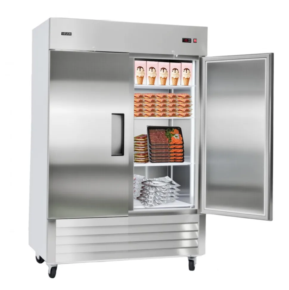 VEVOR Commercial Freezer, 32.2 in Width Reach In Upright-Freezer Double Door, 43.2 Cu.ft Auto-Defrost Stainless Steel Freezer with 8 Adjustable Shelves, -11 to 14℉ Temp Control, LED Light, 4 Wheels