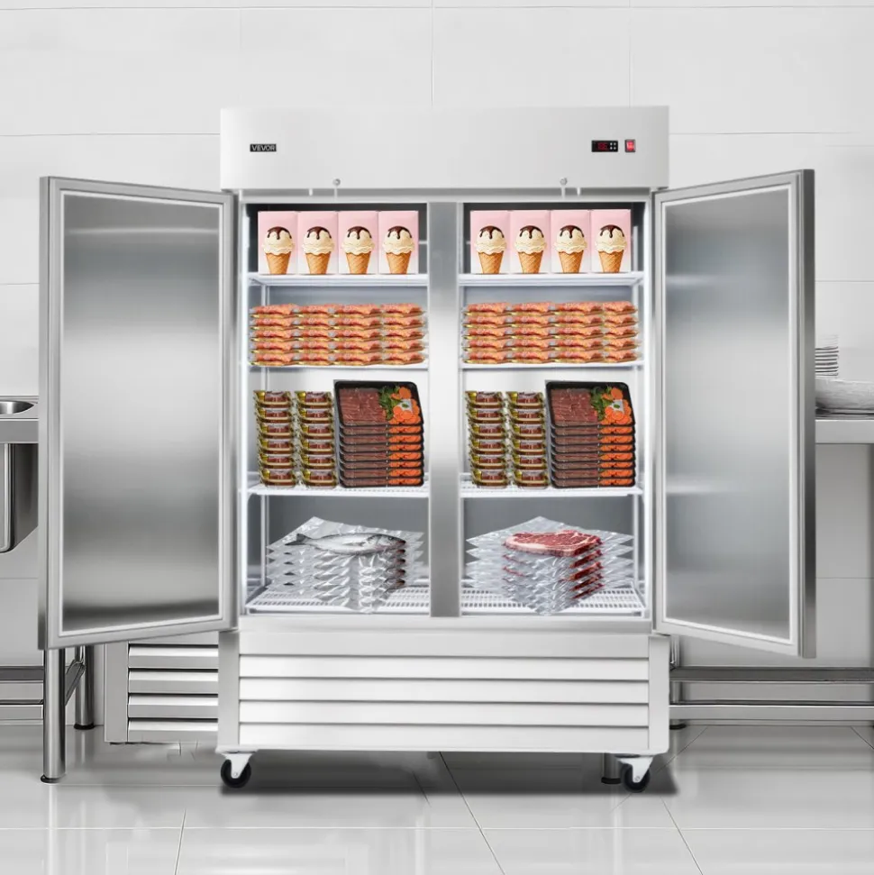 VEVOR Commercial Freezer, 32.2 in Width Reach In Upright-Freezer Double Door, 43.2 Cu.ft Auto-Defrost Stainless Steel Freezer with 8 Adjustable Shelves, -11 to 14℉ Temp Control, LED Light, 4 Wheels