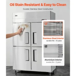 VEVOR Commercial Freezer, 31.89 in Width Reach In Upright-Freezer Four Door, 31.4 Cu.ft Auto-Defrost Stainless Steel Freezer with 6 Adjustable Shelves, -11 to 14℉ Temp Control, LED Light, 4 Wheels