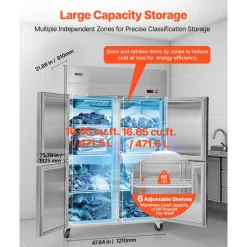 VEVOR Commercial Freezer, 31.89 in Width Reach In Upright-Freezer Four Door, 31.4 Cu.ft Auto-Defrost Stainless Steel Freezer with 6 Adjustable Shelves, -11 to 14℉ Temp Control, LED Light, 4 Wheels