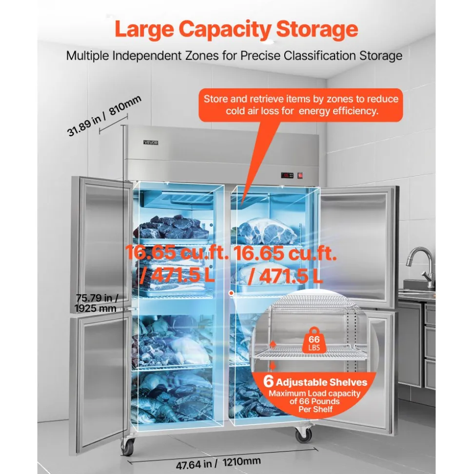 VEVOR Commercial Freezer, 31.89 in Width Reach In Upright-Freezer Four Door, 31.4 Cu.ft Auto-Defrost Stainless Steel Freezer with 6 Adjustable Shelves, -11 to 14℉ Temp Control, LED Light, 4 Wheels