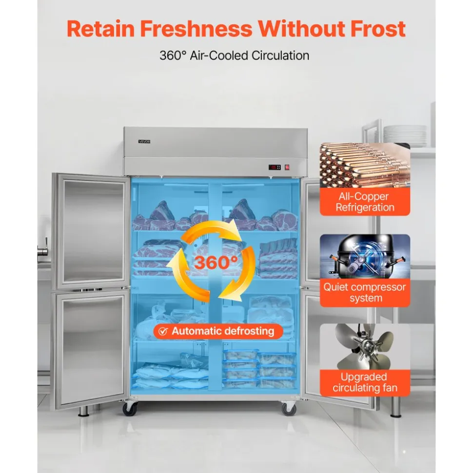 VEVOR Commercial Freezer, 31.89 in Width Reach In Upright-Freezer Four Door, 31.4 Cu.ft Auto-Defrost Stainless Steel Freezer with 6 Adjustable Shelves, -11 to 14℉ Temp Control, LED Light, 4 Wheels