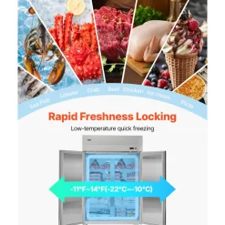 VEVOR Commercial Freezer, 31.89 in Width Reach In Upright-Freezer Four Door, 31.4 Cu.ft Auto-Defrost Stainless Steel Freezer with 6 Adjustable Shelves, -11 to 14℉ Temp Control, LED Light, 4 Wheels