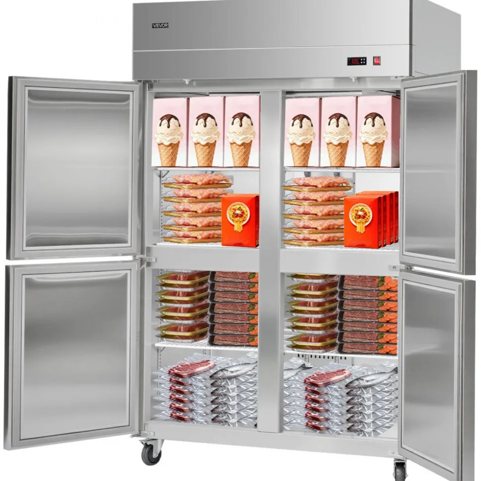 VEVOR Commercial Freezer, 31.89 in Width Reach In Upright-Freezer Four Door, 31.4 Cu.ft Auto-Defrost Stainless Steel Freezer with 6 Adjustable Shelves, -11 to 14℉ Temp Control, LED Light, 4 Wheels