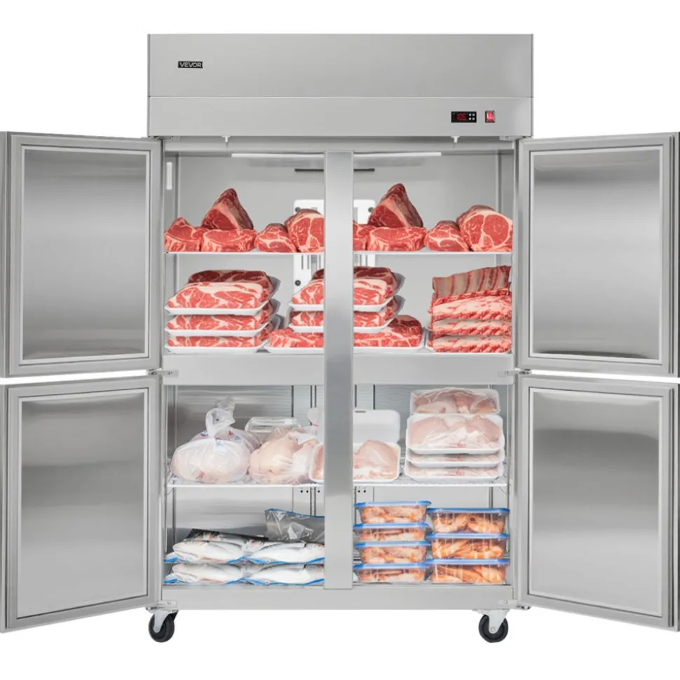 VEVOR Commercial Freezer, 31.89 in Width Reach In Upright-Freezer Four Door, 31.4 Cu.ft Auto-Defrost Stainless Steel Freezer with 6 Adjustable Shelves, -11 to 14℉ Temp Control, LED Light, 4 Wheels
