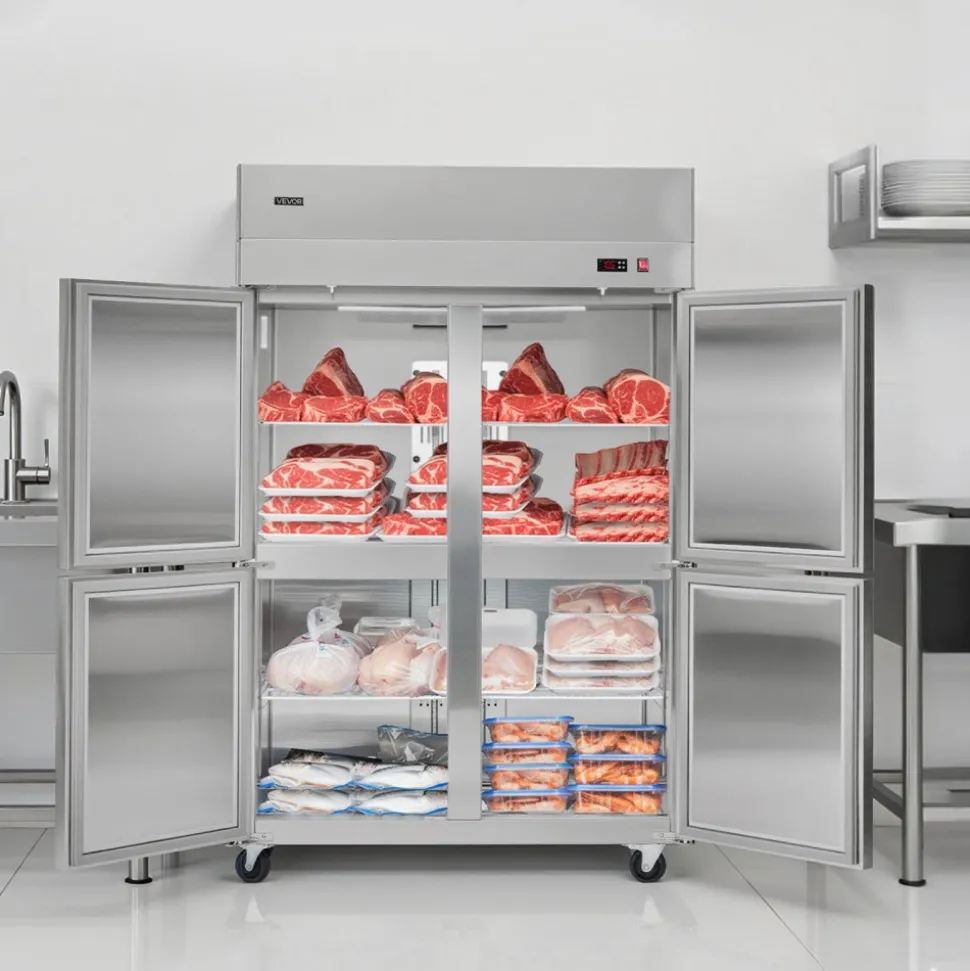 VEVOR Commercial Freezer, 31.89 in Width Reach In Upright-Freezer Four Door, 31.4 Cu.ft Auto-Defrost Stainless Steel Freezer with 6 Adjustable Shelves, -11 to 14℉ Temp Control, LED Light, 4 Wheels