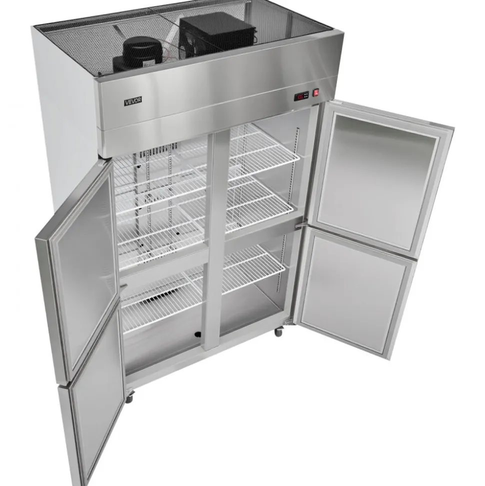 VEVOR Commercial Freezer, 31.89 in Width Reach In Upright-Freezer Four Door, 31.4 Cu.ft Auto-Defrost Stainless Steel Freezer with 6 Adjustable Shelves, -11 to 14℉ Temp Control, LED Light, 4 Wheels