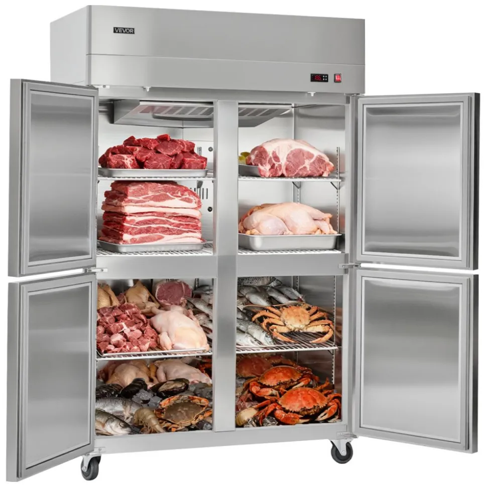 VEVOR Commercial Freezer, 31.89 in Width Reach In Upright-Freezer Four Door, 31.4 Cu.ft Auto-Defrost Stainless Steel Freezer with 6 Adjustable Shelves, -11 to 14℉ Temp Control, LED Light, 4 Wheels