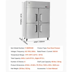 VEVOR Commercial Freezer, 31.89 in Width Reach In Upright-Freezer Four Door, 31.4 Cu.ft Auto-Defrost Stainless Steel Freezer with 6 Adjustable Shelves, -11 to 14℉ Temp Control, LED Light, 4 Wheels