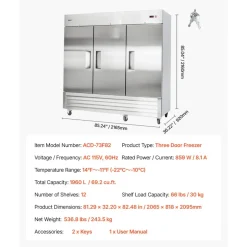 VEVOR Commercial Freezer, 32.2 in Width Reach In Upright-Freezer Three Door, 66.9 Cu.ft Auto-Defrost Stainless Steel Freezer with 12 Adjustable Shelves, -11 to 14℉ Temp Control, LED Light, 4 Wheels