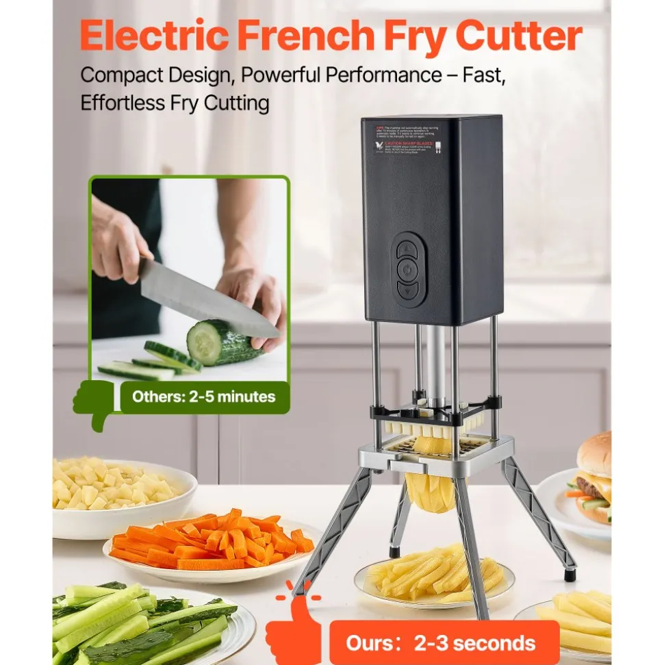 VEVOR Commercial French Fry Cutter, Stainless Steel Vegetable Fruit Chopper with 2 Replacement Blades 1/2-Inch 3/8-Inch, Electric Potato Slicer Dicer for Restaurants & Home Kitchen