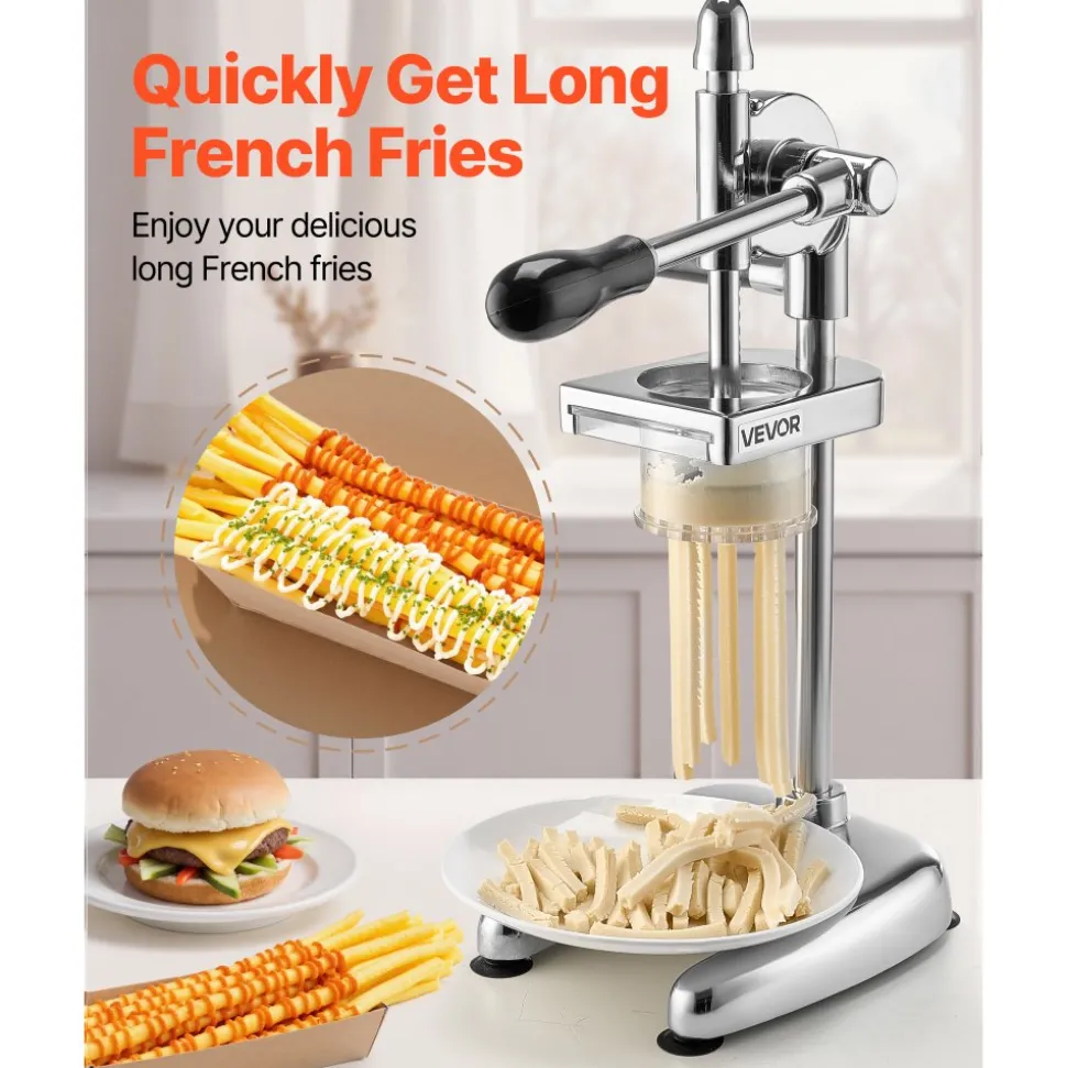 VEVOR Commercial French Fry Cutter, Stainless Steel Fried Potato Strips Squeezer, Long French Fries Maker with Pull-out Extruder, Manual Mashed Potato Squeezer Machine for Restaurants & Home Kitchen