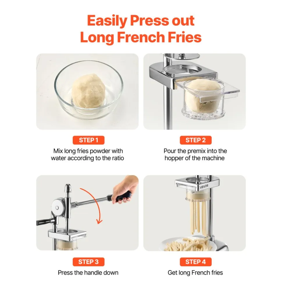 VEVOR Commercial French Fry Cutter, Stainless Steel Fried Potato Strips Squeezer, Long French Fries Maker with Pull-out Extruder, Manual Mashed Potato Squeezer Machine for Restaurants & Home Kitchen