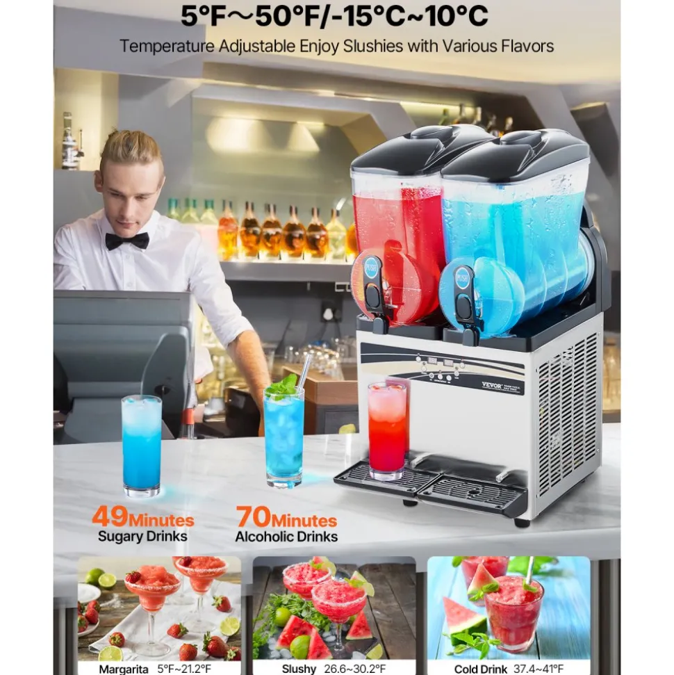 VEVOR Commercial Frozen Drink Maker, 15Lx2 Double Tank Slushy Machine, 120 Cups Stainless Steel Margarita Smoothie Frozen Drink Machine, Slushie Maker for Home Party Restaurants Cafe Bars