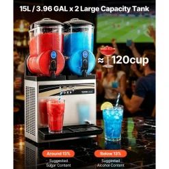 VEVOR Commercial Frozen Drink Maker, 15Lx2 Double Tank Slushy Machine, 120 Cups Stainless Steel Margarita Smoothie Frozen Drink Machine, Slushie Maker for Home Party Restaurants Cafe Bars