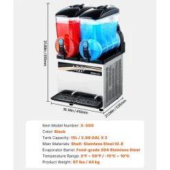 VEVOR Commercial Frozen Drink Maker, 15Lx2 Double Tank Slushy Machine, 120 Cups Stainless Steel Margarita Smoothie Frozen Drink Machine, Slushie Maker for Home Party Restaurants Cafe Bars