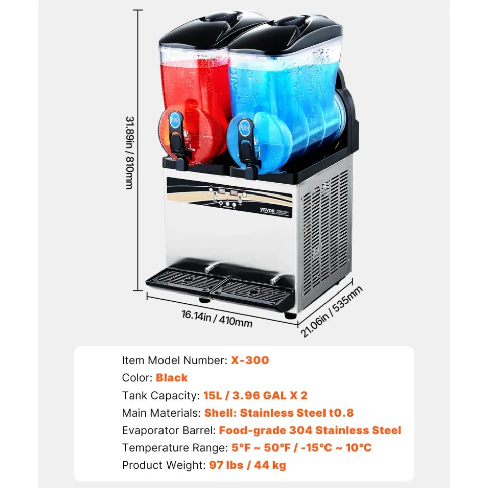 VEVOR Commercial Frozen Drink Maker, 15Lx2 Double Tank Slushy Machine, 120 Cups Stainless Steel Margarita Smoothie Frozen Drink Machine, Slushie Maker for Home Party Restaurants Cafe Bars