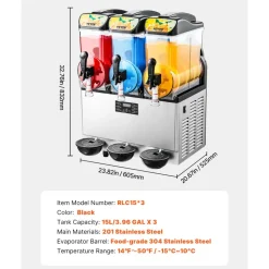 VEVOR Commercial Frozen Drink Maker, 15Lx3 Triple Tank Slushy Machine, 180 Cups Stainless Steel Margarita Smoothie Frozen Drink Machine, Slushie Maker for Home Party Restaurants Cafe Bars