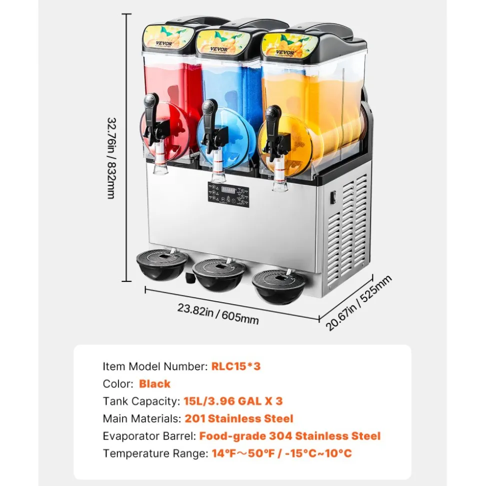 VEVOR Commercial Frozen Drink Maker, 15Lx3 Triple Tank Slushy Machine, 180 Cups Stainless Steel Margarita Smoothie Frozen Drink Machine, Slushie Maker for Home Party Restaurants Cafe Bars