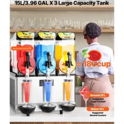 VEVOR Commercial Frozen Drink Maker, 15Lx3 Triple Tank Slushy Machine, 180 Cups Stainless Steel Margarita Smoothie Frozen Drink Machine, Slushie Maker for Home Party Restaurants Cafe Bars