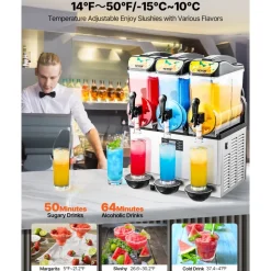 VEVOR Commercial Frozen Drink Maker, 15Lx3 Triple Tank Slushy Machine, 180 Cups Stainless Steel Margarita Smoothie Frozen Drink Machine, Slushie Maker for Home Party Restaurants Cafe Bars