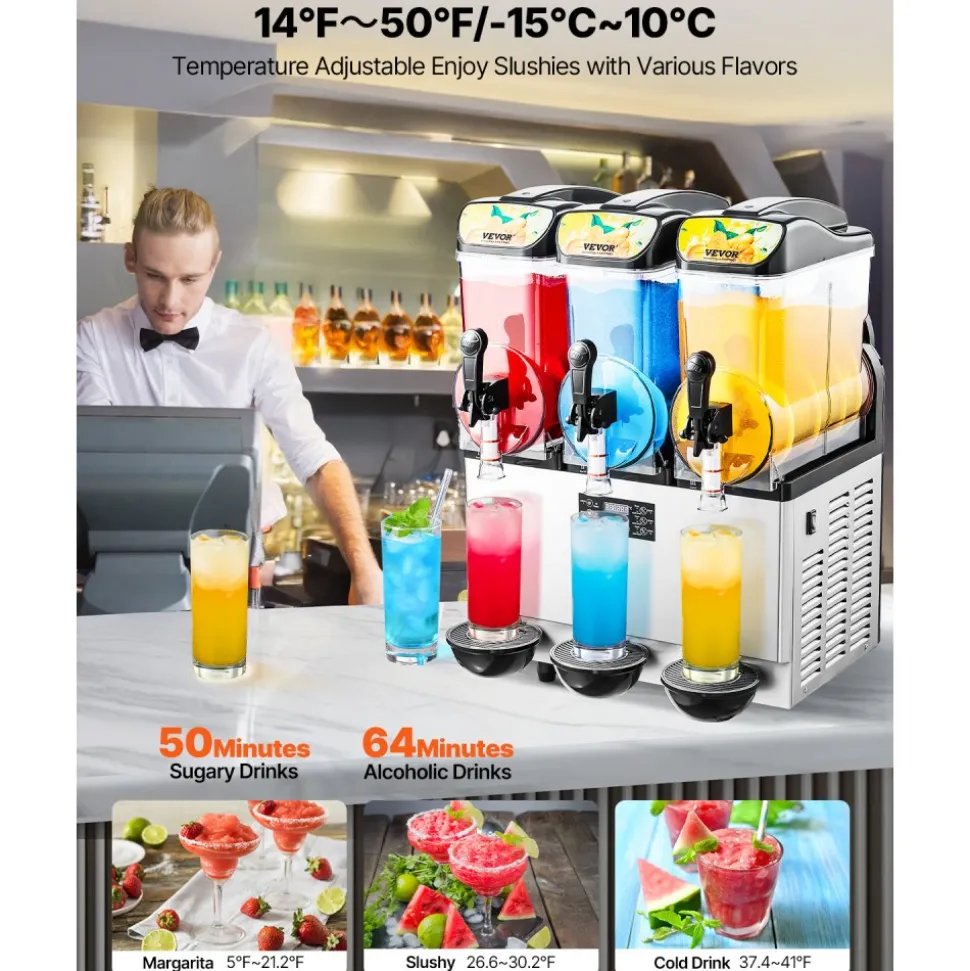 VEVOR Commercial Frozen Drink Maker, 15Lx3 Triple Tank Slushy Machine, 180 Cups Stainless Steel Margarita Smoothie Frozen Drink Machine, Slushie Maker for Home Party Restaurants Cafe Bars