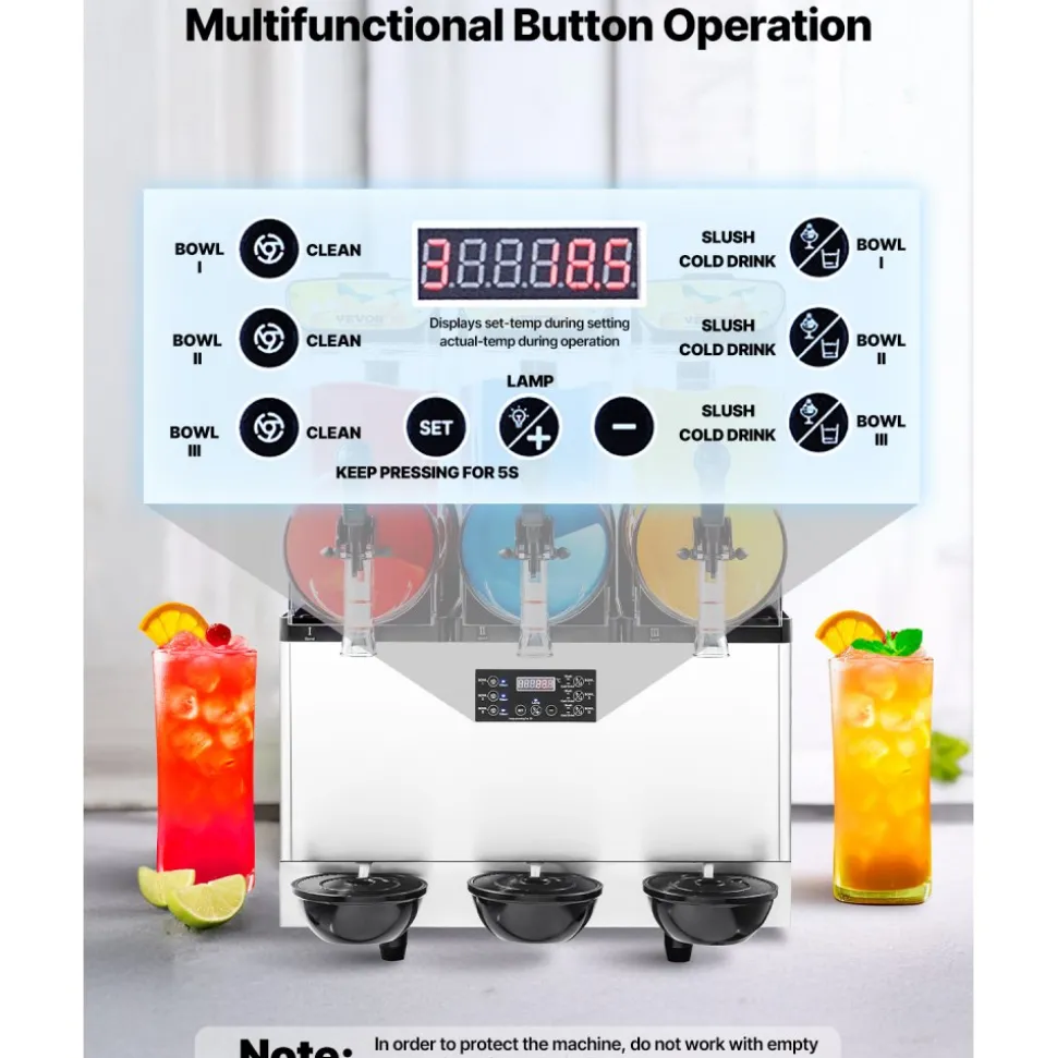 VEVOR Commercial Frozen Drink Maker, 15Lx3 Triple Tank Slushy Machine, 180 Cups Stainless Steel Margarita Smoothie Frozen Drink Machine, Slushie Maker for Home Party Restaurants Cafe Bars