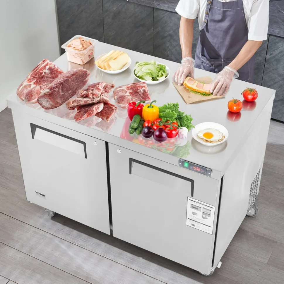 VEVOR 48" Commercial Frozen Refrigerator Sandwich & Salad Prep Table, 12.9 Cu. Ft Stainless Steel Refrigerated Food Prep Station with 2 Doors, Frost Free Refrigerator with Lock for Restaurant, Bar