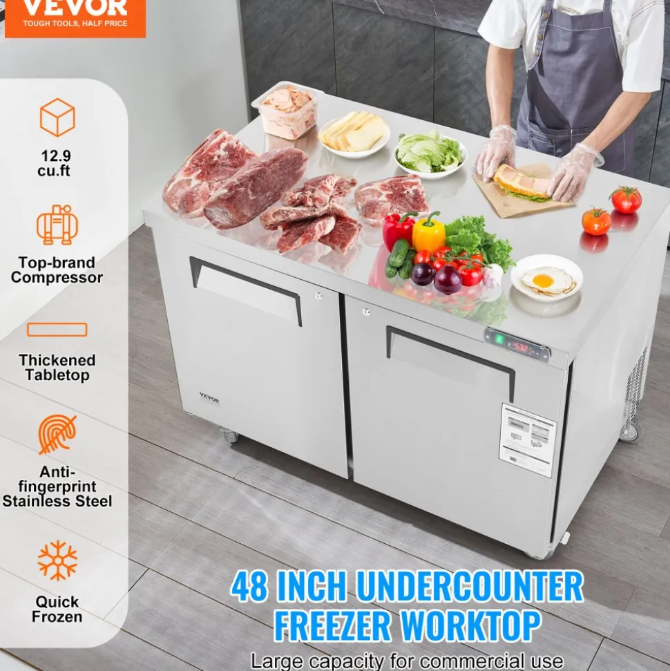 VEVOR 48" Commercial Frozen Refrigerator Sandwich & Salad Prep Table, 12.9 Cu. Ft Stainless Steel Refrigerated Food Prep Station with 2 Doors, Frost Free Refrigerator with Lock for Restaurant, Bar