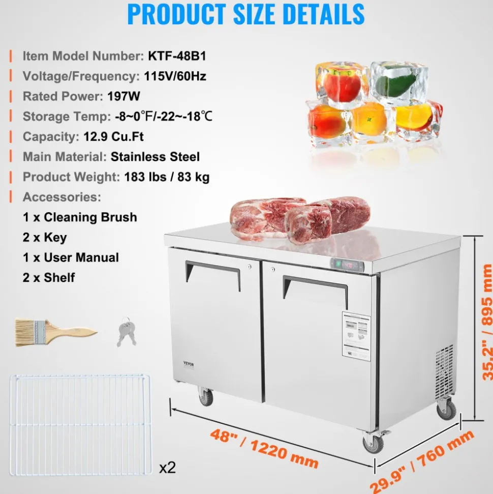 VEVOR 48" Commercial Frozen Refrigerator Sandwich & Salad Prep Table, 12.9 Cu. Ft Stainless Steel Refrigerated Food Prep Station with 2 Doors, Frost Free Refrigerator with Lock for Restaurant, Bar