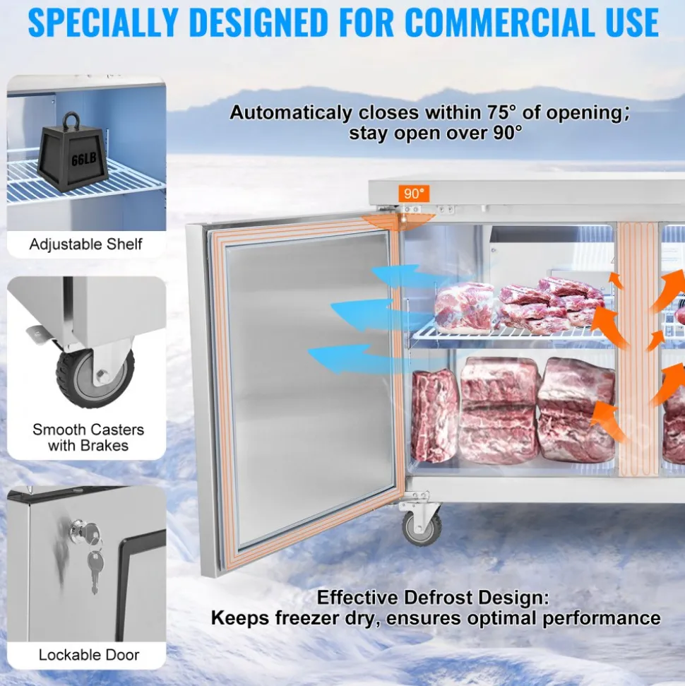 VEVOR 48" Commercial Frozen Refrigerator Sandwich & Salad Prep Table, 12.9 Cu. Ft Stainless Steel Refrigerated Food Prep Station with 2 Doors, Frost Free Refrigerator with Lock for Restaurant, Bar